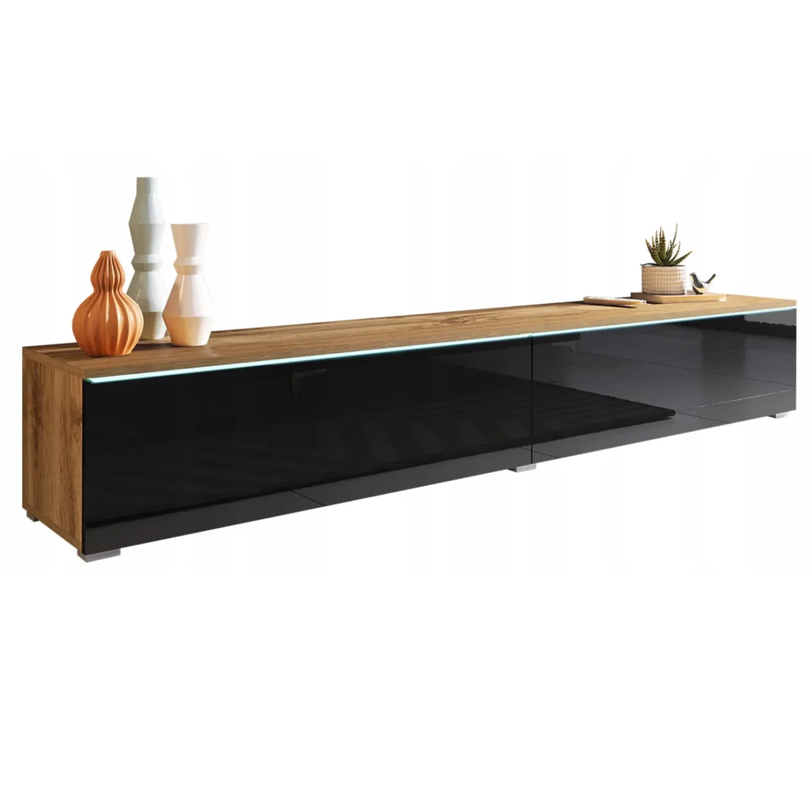 Garnero Arredamenti Mobile Tv Sospeso|Mobili Tv Moderni-Mobile porta TV sospeso 180x30h cm con LED nero lucido rovere Silvia Rovere - Nero Lucido