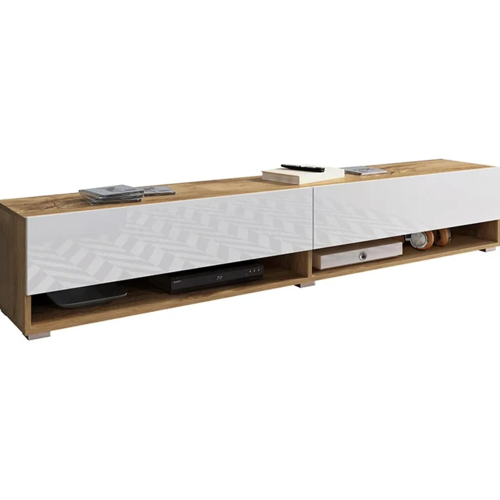 Garnero Arredamenti Mobile Tv Sospeso|Mobili Tv Moderni-Mobile porta TV sospeso 180x30h cm 2 ante rovere bianco Gregoria Bianco Lucido - Rovere