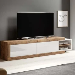 Garnero Arredamenti Mobile Tv In Legno|Mobile Tv Basso-Mobile porta TV 200/242x 44h cm 2 ante moderno estraibile  bianco lucido rovere Aria