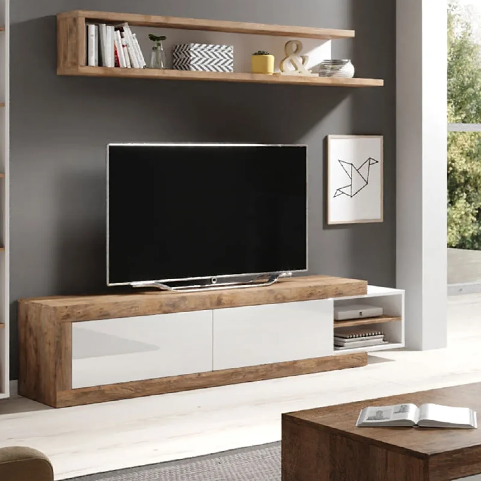 Garnero Arredamenti Mobile Tv In Legno|Mobile Tv Basso-Mobile porta TV 200/242x 44h cm 2 ante moderno estraibile  bianco lucido rovere Aria
