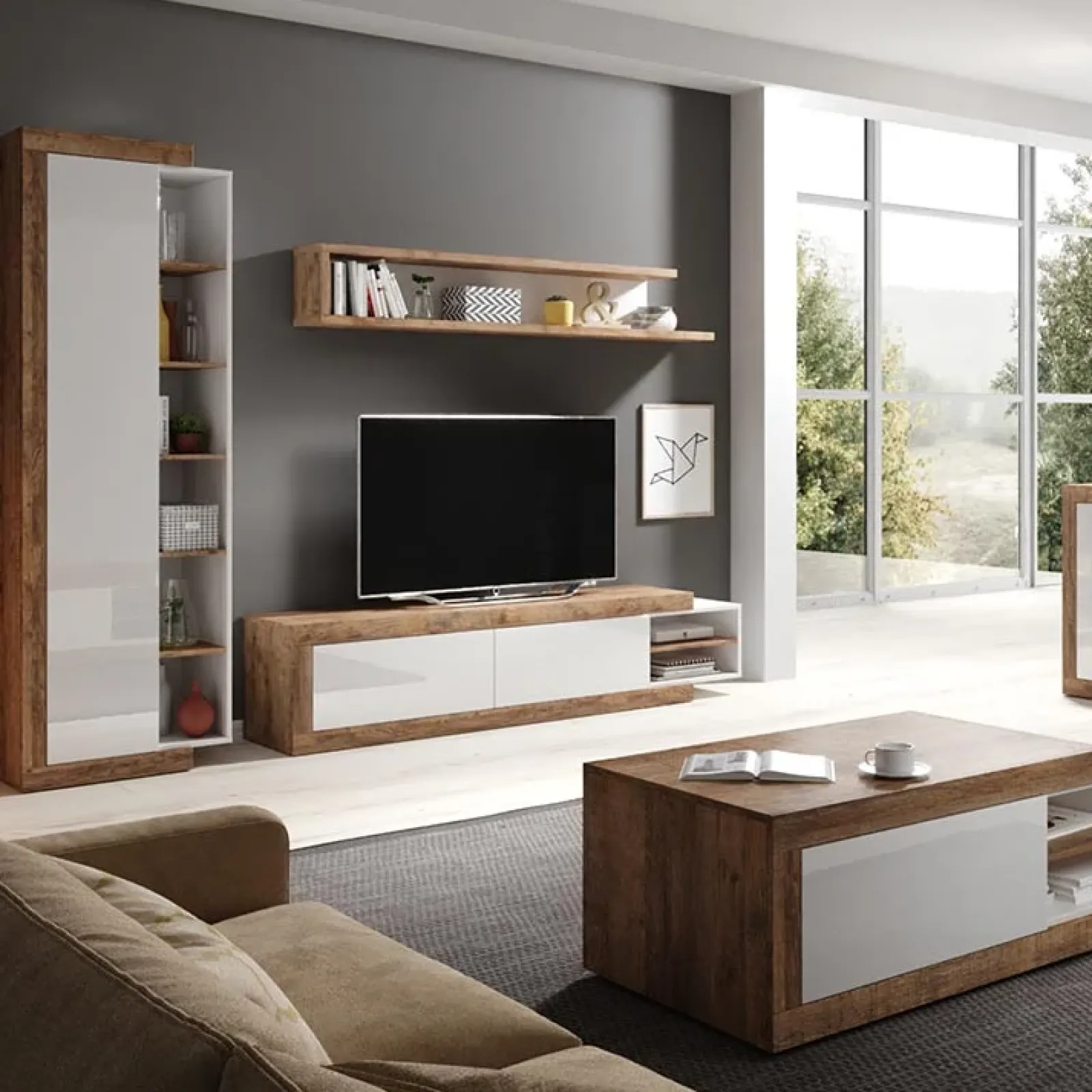 Garnero Arredamenti Mobile Tv In Legno|Mobile Tv Basso-Mobile porta TV 200/242x 44h cm 2 ante moderno estraibile  bianco lucido rovere Aria