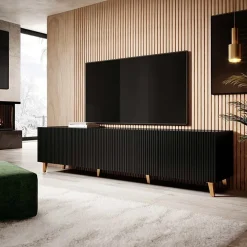 Garnero Arredamenti Mobile Tv Basso|Mobili Tv Moderni-Mobile porta TV 201x52cm 4 ante cannettato nero Essence Nero Opaco