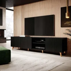 Garnero Arredamenti Mobile Tv Basso|Mobili Tv Moderni-Mobile porta TV 201x52cm 4 ante cannettato nero Essence Nero Opaco