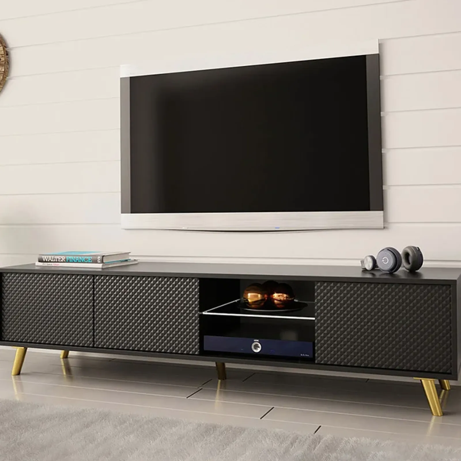 Garnero Arredamenti Mobile Tv Basso|Mobili Tv Moderni-Mobile porta tv 175x42cm 2 vani a giorno 3 ante nero Nyborg