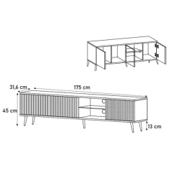 Garnero Arredamenti Mobile Tv Basso|Mobili Tv Moderni-Mobile porta TV 175x45h cm 3 ante e vano a giorno bianco cannettato oro Celestia Bianco Opaco