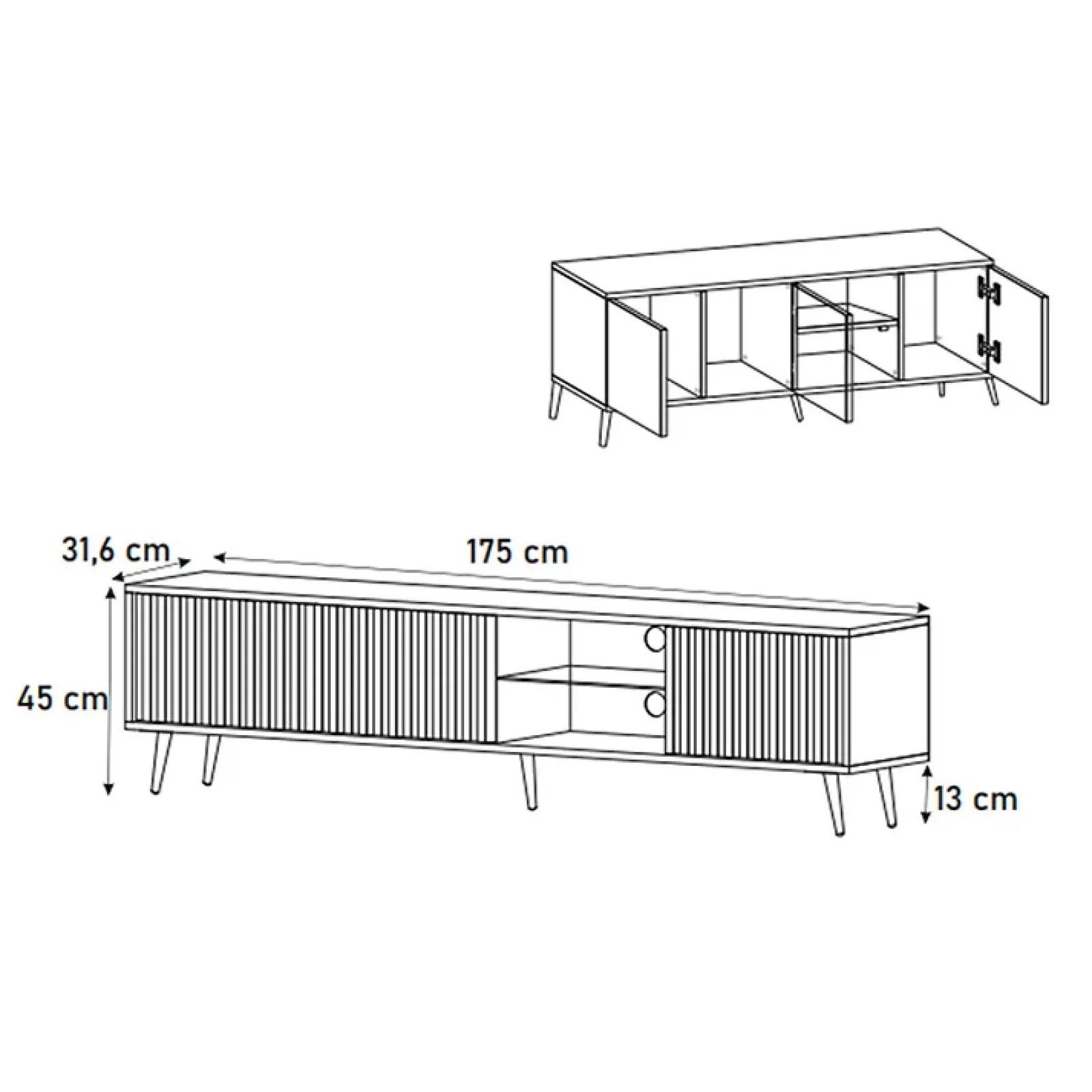 Garnero Arredamenti Mobile Tv Basso|Mobili Tv Moderni-Mobile porta TV 175x45h cm 3 ante e vano a giorno bianco cannettato oro Celestia Bianco Opaco