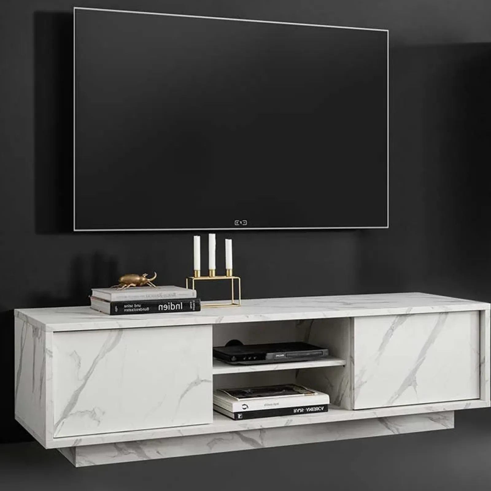 Garnero Arredamenti Mobile Tv Basso|Mobili Tv Moderni-Mobile porta TV 139x44h cm 2 ante soggiorno effetto Viking Marmo bianco