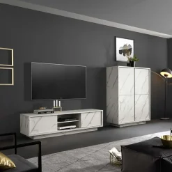 Garnero Arredamenti Mobile Tv Basso|Mobili Tv Moderni-Mobile porta TV 139x44h cm 2 ante soggiorno effetto Viking Marmo bianco