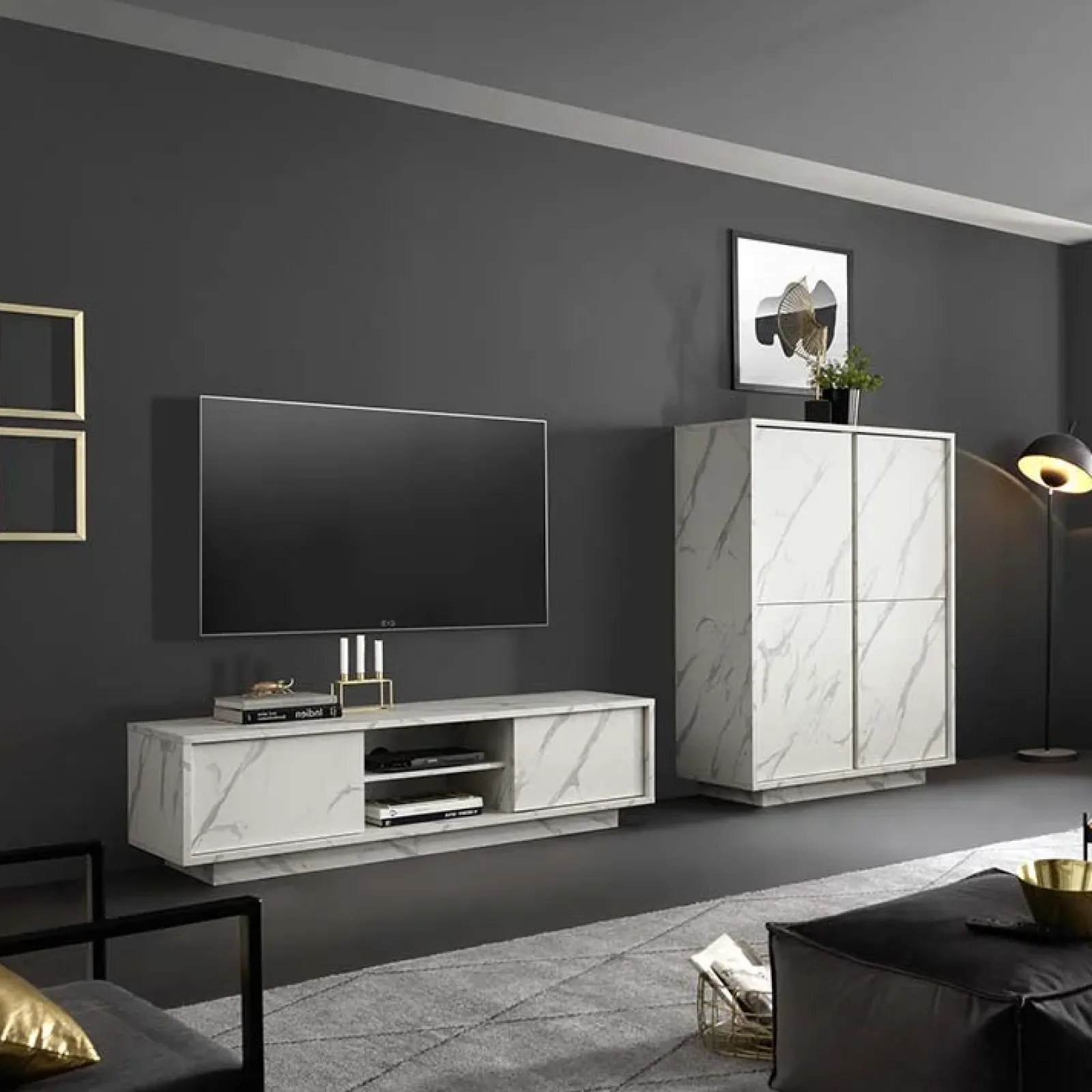 Garnero Arredamenti Mobile Tv Basso|Mobili Tv Moderni-Mobile porta TV 139x44h cm 2 ante soggiorno effetto Viking Marmo bianco