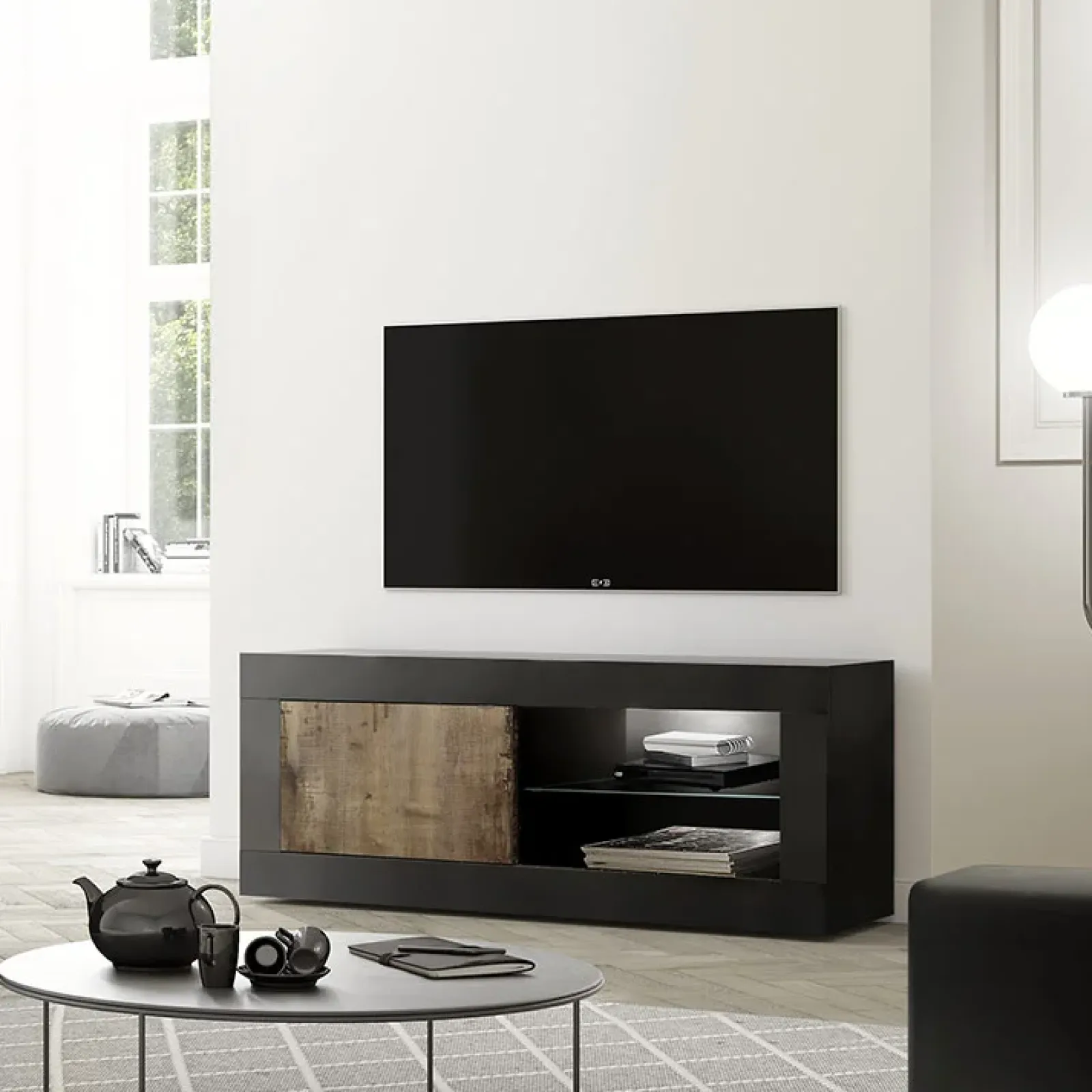 Garnero Arredamenti Mobile Tv Basso|Mobili Tv Moderni-Mobile porta TV 140x56h cm 1 anta nero pero Eternity Nero Opaco - Rovere