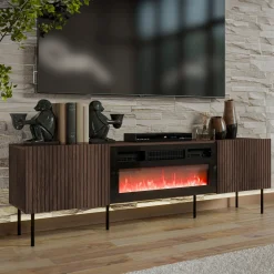 Garnero Arredamenti Mobile Tv Basso|Mobili Tv Moderni-Mobile porta TV 181x58h cm 2 ante con caminetto noce cannettato Gabiot