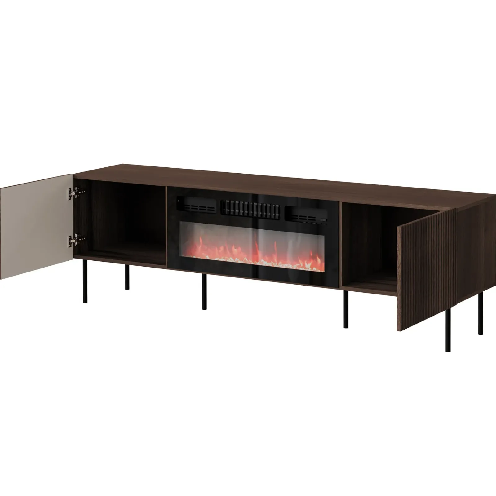 Garnero Arredamenti Mobile Tv Basso|Mobili Tv Moderni-Mobile porta TV 181x58h cm 2 ante con caminetto noce cannettato Gabiot