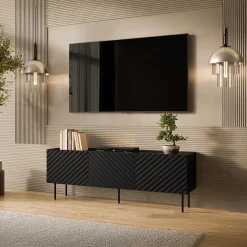 Garnero Arredamenti Mobile Tv Basso-Mobile porta TV 166x59h cm 3 ante con frontali decorati nero Daniele Nero Opaco