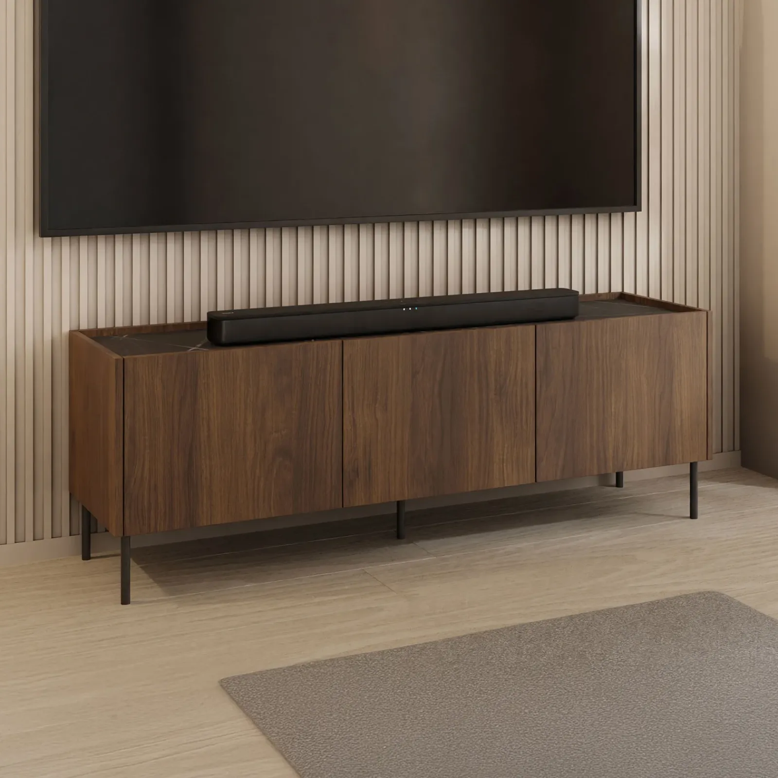 Garnero Arredamenti Mobili Tv Moderni|Mobile Tv Moderno-Mobile porta TV 144x50h cm 3 ante piano effetto marmo nero noce Caliva