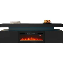 Garnero Arredamenti Camino Elettrico|Mobile Tv Basso-Mobile porta TV 190x59h cm 2 ante con caminetto con LED nero Lumus Nero Lucido