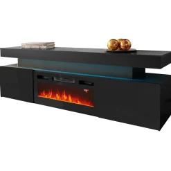 Garnero Arredamenti Camino Elettrico|Mobile Tv Basso-Mobile porta TV 190x59h cm 2 ante con caminetto con LED nero Lumus Nero Lucido