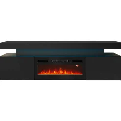 Garnero Arredamenti Camino Elettrico|Mobile Tv Basso-Mobile porta TV 190x59h cm 2 ante con caminetto con LED nero Lumus Nero Lucido