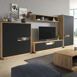 Garnero Arredamenti Mobile Tv In Legno|Mobile Tv Basso-Mobile porta tv 180x45h cm 2 ante 1 cassetto nero opaco rovere Esmond