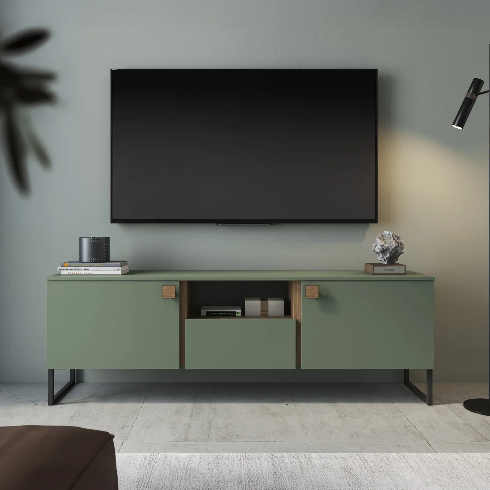 Garnero Arredamenti Mobili Tv Moderni|Mobile Tv Moderno-Mobile porta TV 179x60h cm 2 ante 1 cassetto verde salvia scuro rovere Selvia
