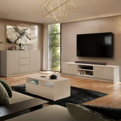 Garnero Arredamenti Mobili Tv Moderni|Mobile Tv Moderno-Mobile porta tv 180x40h cm 2 ante 2 vani a giorno cannettato Athena Beige