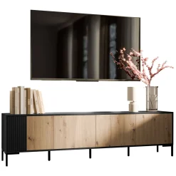 Garnero Arredamenti Mobile Tv Basso|Mobili Tv Moderni-Mobile porta TV 200x54h cm 4 ante rovere nero Duble