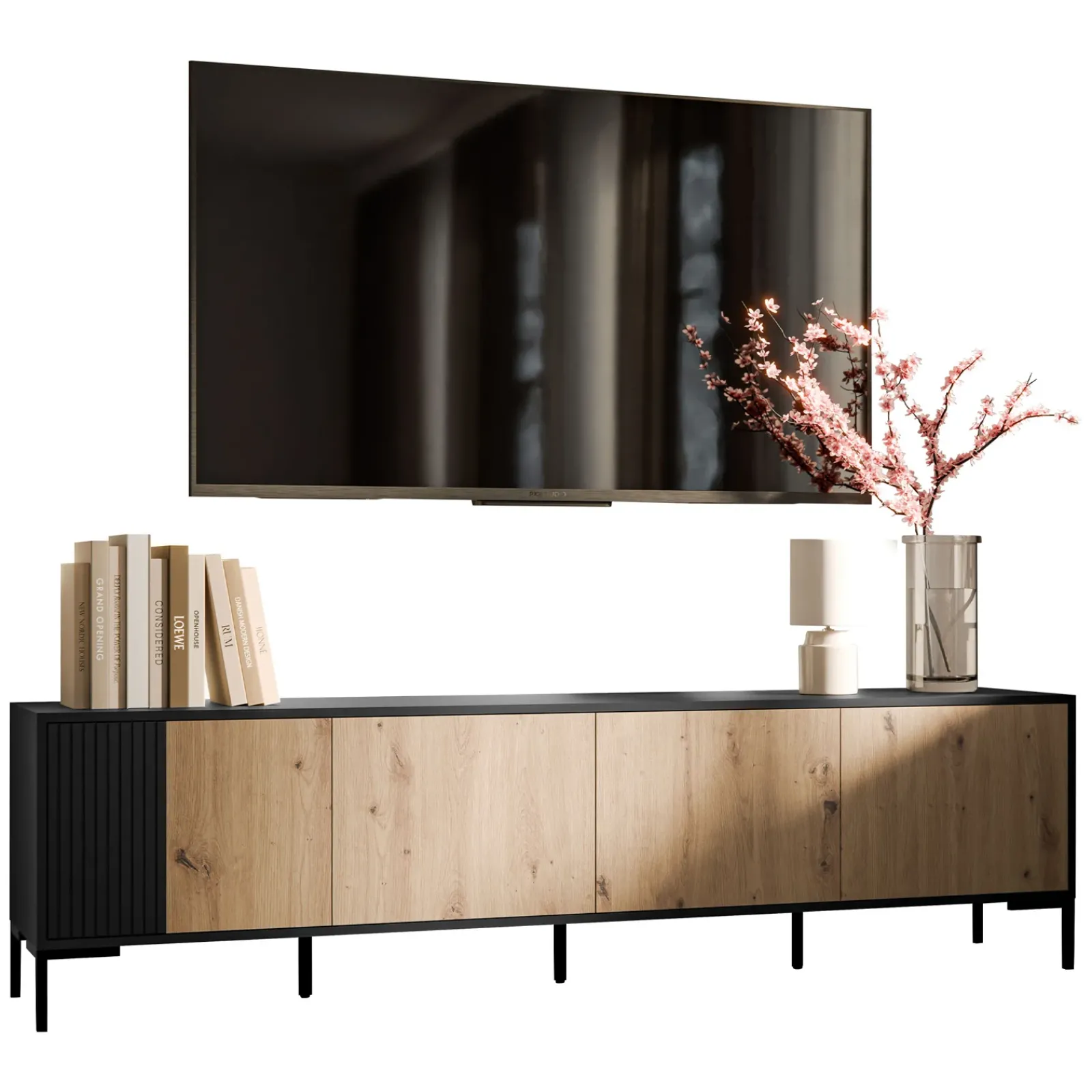 Garnero Arredamenti Mobile Tv Basso|Mobili Tv Moderni-Mobile porta TV 200x54h cm 4 ante rovere nero Duble