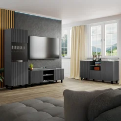 Garnero Arredamenti Mobile Tv Basso|Mobili Tv Moderni-Mobile porta TV 150x52h cm 2 ante cannettato Essence Antracite