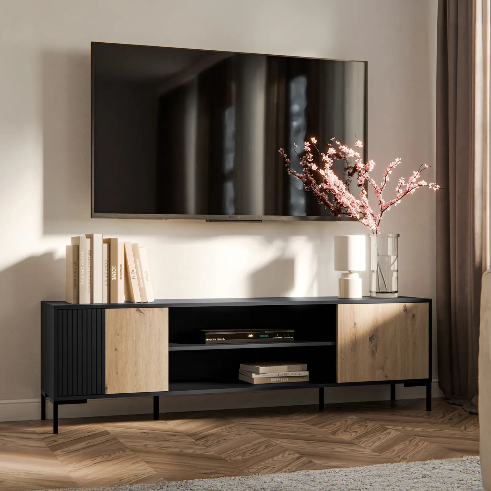 Garnero Arredamenti Mobile Tv Basso|Mobili Tv Moderni-Mobile porta TV 180x54h cm 2 ante rovere nero Duble