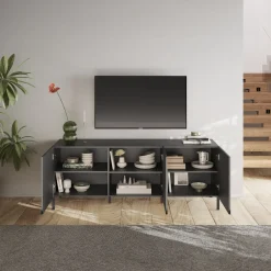 Garnero Arredamenti Mobile Tv Basso|Mobili Tv Moderni-Mobile porta TV 181x69h cm 3 ante antracite frontali serigrafati Seira