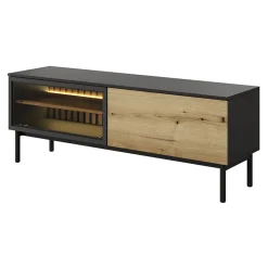 Garnero Arredamenti Mobile Tv Basso-Mobile porta TV 150x55h cm 2 ante con led nero opaco rovere Amel