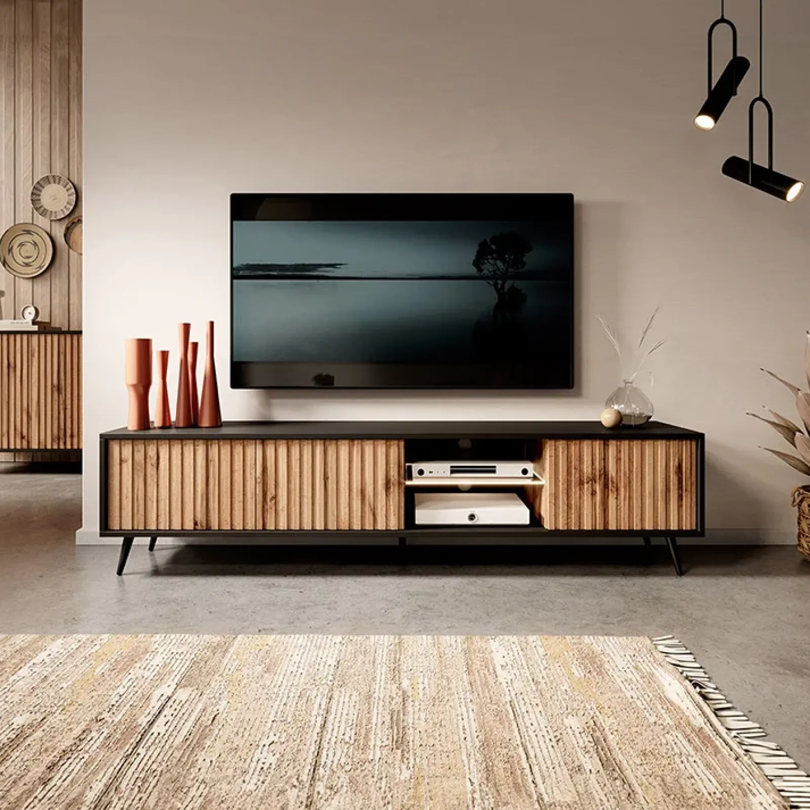 Garnero Arredamenti Mobile Tv Basso|Mobili Tv Moderni-Mobile porta TV 175x45h cm 3 ante rovere cannettato nero Celestia Rovere Rustico - Nero opaco