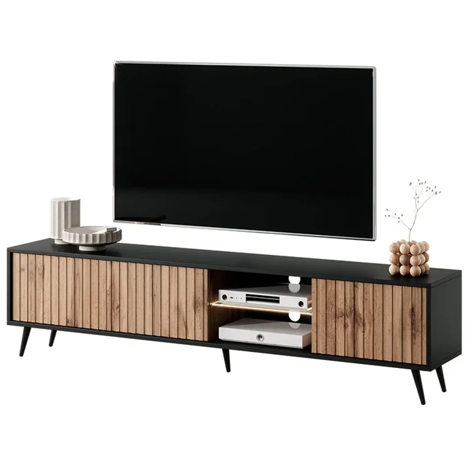 Garnero Arredamenti Mobile Tv Basso|Mobili Tv Moderni-Mobile porta TV 175x45h cm 3 ante rovere cannettato nero Celestia Rovere Rustico - Nero opaco