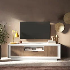 Garnero Arredamenti Mobile Tv Basso|Mobili Tv Moderni-Mobile porta TV 184x58h cm 2 ante 1 cassetto bianco opaco rovere scuro Deluxe Noce - Bianco opaco
