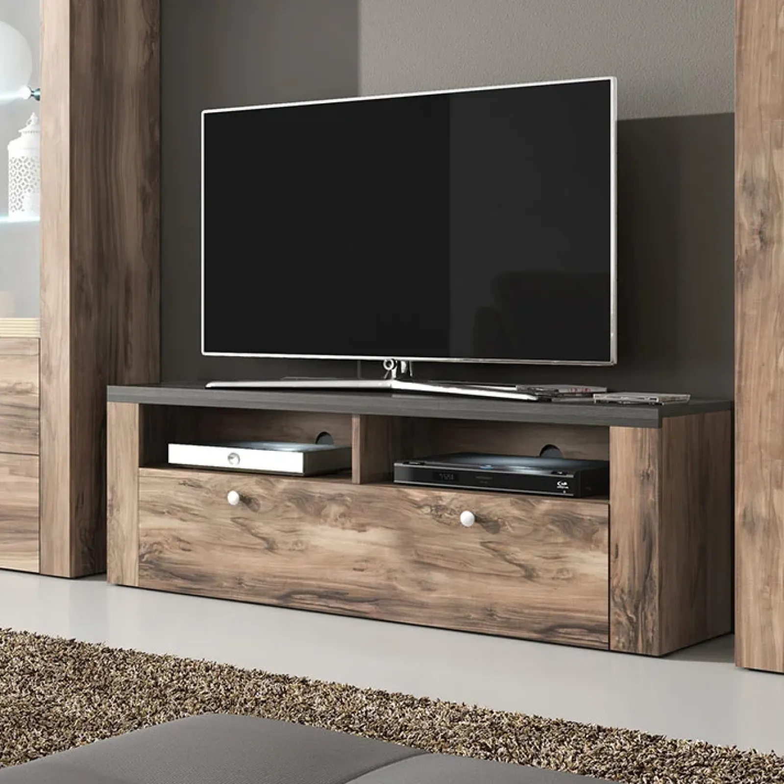 Garnero Arredamenti Mobile Tv Basso|Mobili Tv Moderni-Mobile porta TV 140x49h cm 1 anta noce rovere grigio Paloma 2 Noce - Grigio