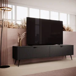 Garnero Arredamenti Mobile Tv Basso-Mobile porta TV 200x51h cm 2 ante cannettato Ramis Nero Opaco