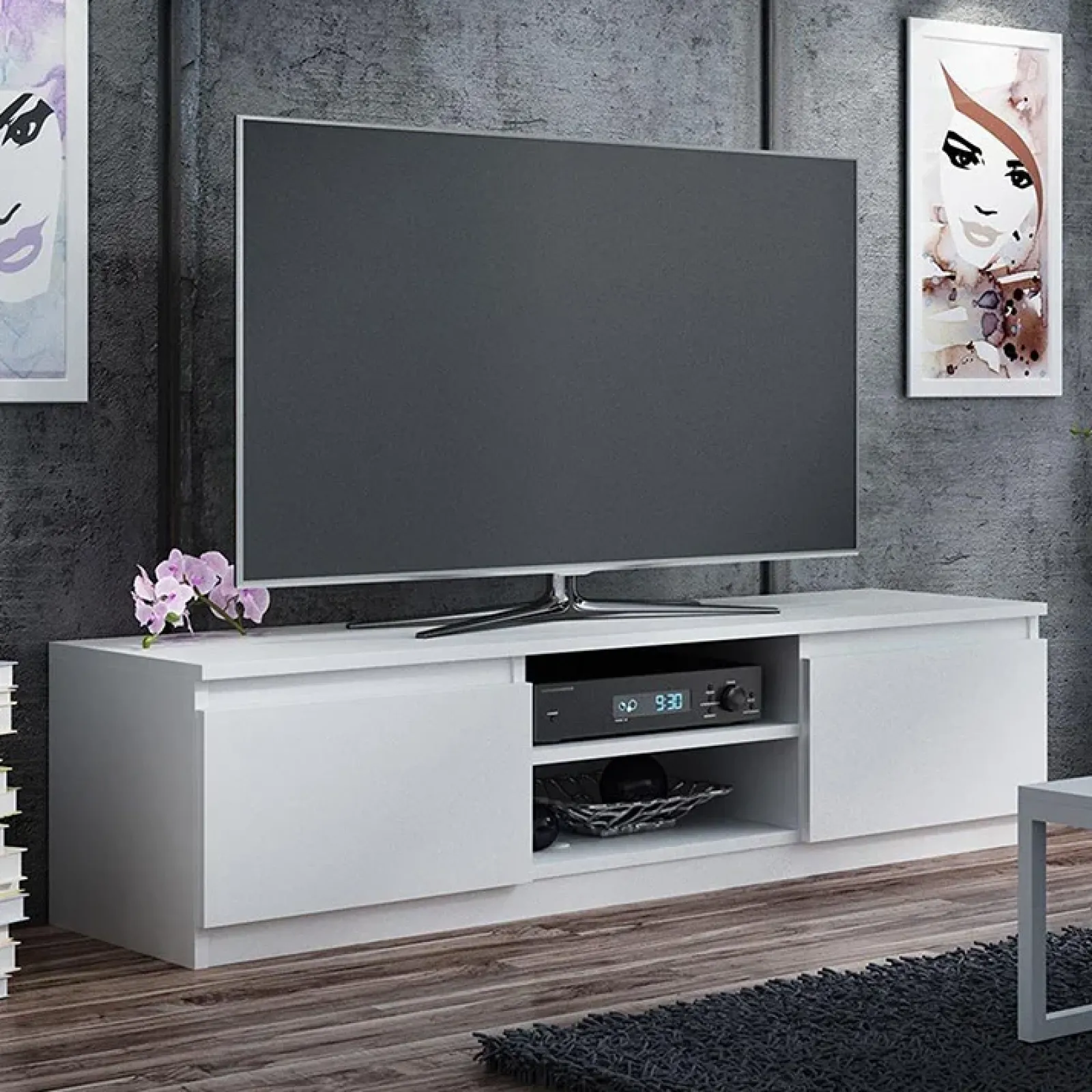 Garnero Arredamenti Mobile Tv Basso|Mobili Tv Moderni-Mobile porta TV 140x36h cm 2 ante 2 vani moderno bianco Hippo