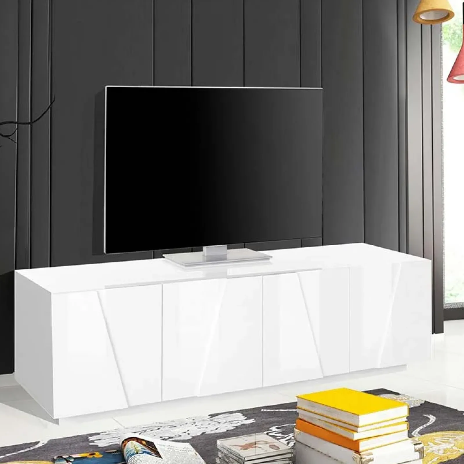 Garnero Arredamenti Mobile Tv Basso|Mobili Tv Moderni-Mobile porta TV 163x46h cm 4 ante Zenzero Gihome® Bianco Lucido