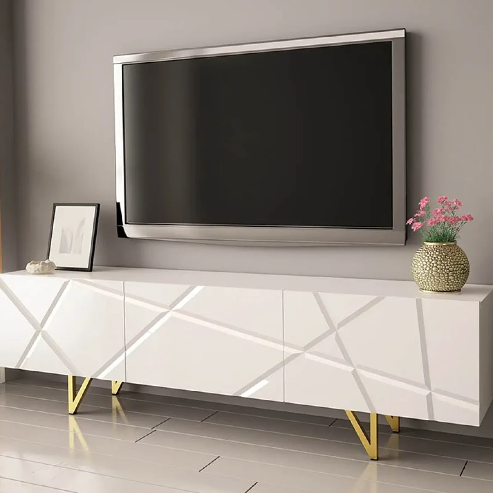 Garnero Arredamenti Mobile Tv Basso-Mobile porta TV 180x52h cm 3 ante bianco lucido Kalmar