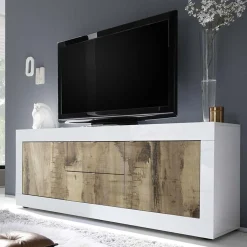 Garnero Arredamenti Mobile Tv Basso|Mobili Tv Moderni-Mobile porta TV 210x66h cm 2 ante 2 cassetti  bianco lucido pero Eternity Rovere - Bianco Lucido