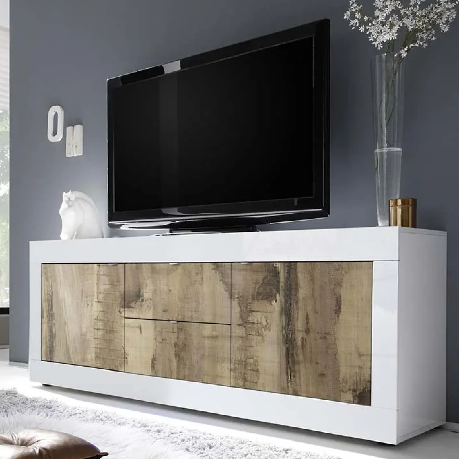 Garnero Arredamenti Mobile Tv Basso|Mobili Tv Moderni-Mobile porta TV 210x66h cm 2 ante 2 cassetti bianco lucido pero Eternity Rovere - Bianco Lucido