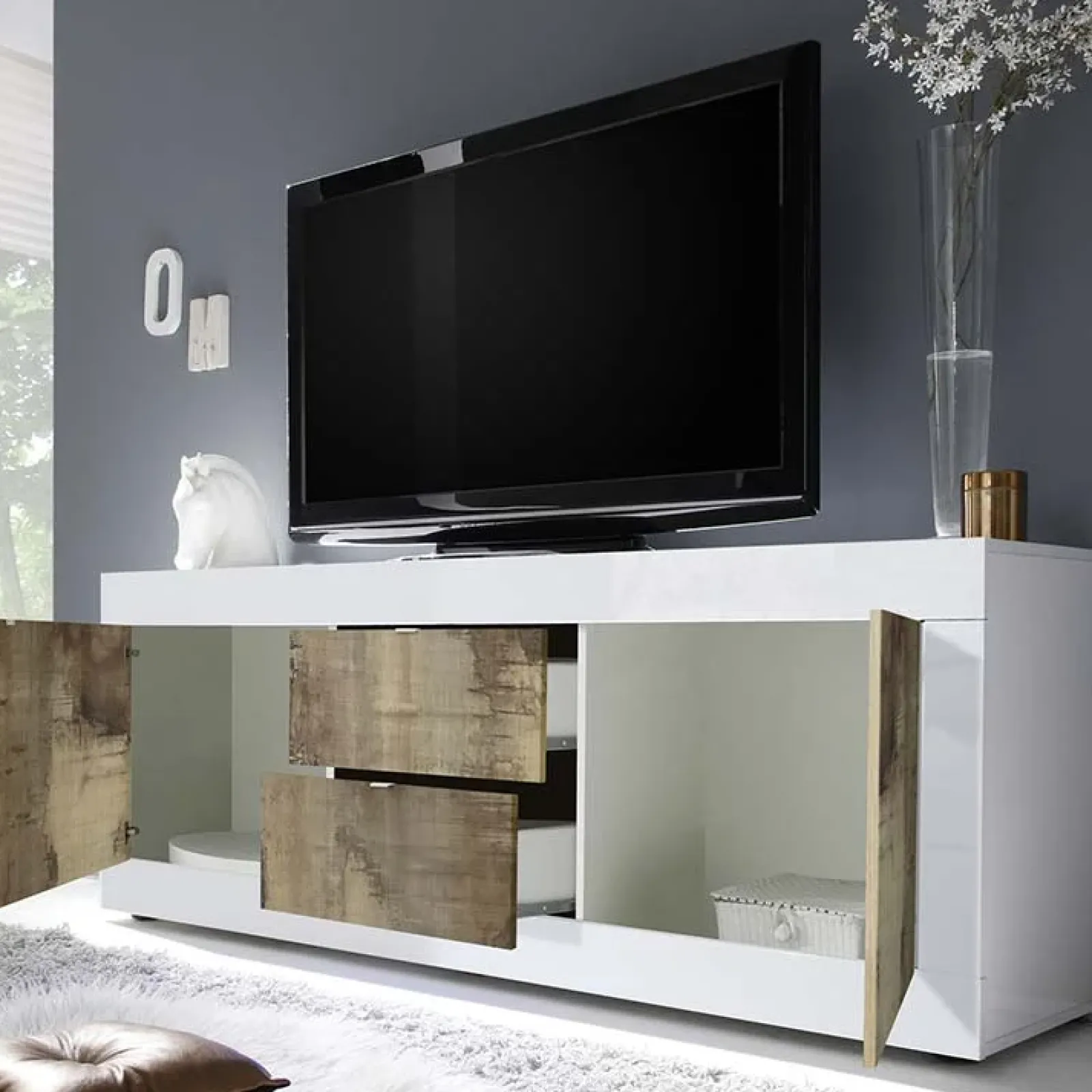Garnero Arredamenti Mobile Tv Basso|Mobili Tv Moderni-Mobile porta TV 210x66h cm 2 ante 2 cassetti bianco lucido pero Eternity Rovere - Bianco Lucido