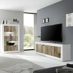 Garnero Arredamenti Mobile Tv Basso|Mobili Tv Moderni-Mobile porta TV 210x66h cm 2 ante 2 cassetti bianco lucido pero Eternity Rovere - Bianco Lucido