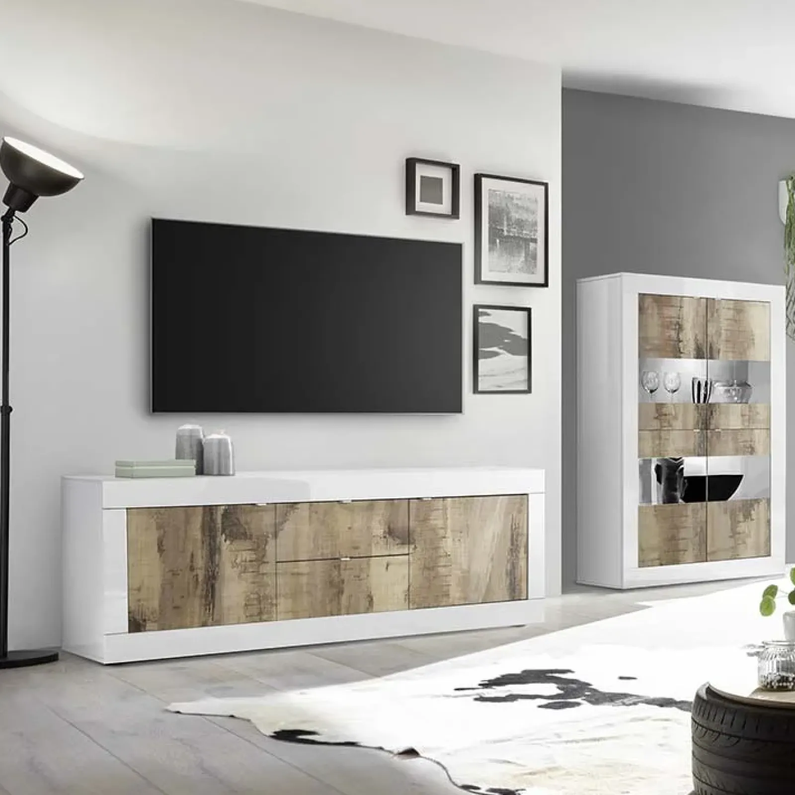 Garnero Arredamenti Mobile Tv Basso|Mobili Tv Moderni-Mobile porta TV 210x66h cm 2 ante 2 cassetti bianco lucido pero Eternity Rovere - Bianco Lucido