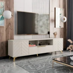 Garnero Arredamenti Mobile Tv Basso|Mobili Tv Moderni-Mobile porta TV 204x60h cm 2 ante 2 cassetti 2 vani a giorno beige con frontali serigrafati  Miriam