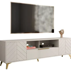 Garnero Arredamenti Mobile Tv Basso|Mobili Tv Moderni-Mobile porta TV 204x60h cm 2 ante 2 cassetti 2 vani a giorno beige con frontali serigrafati  Miriam