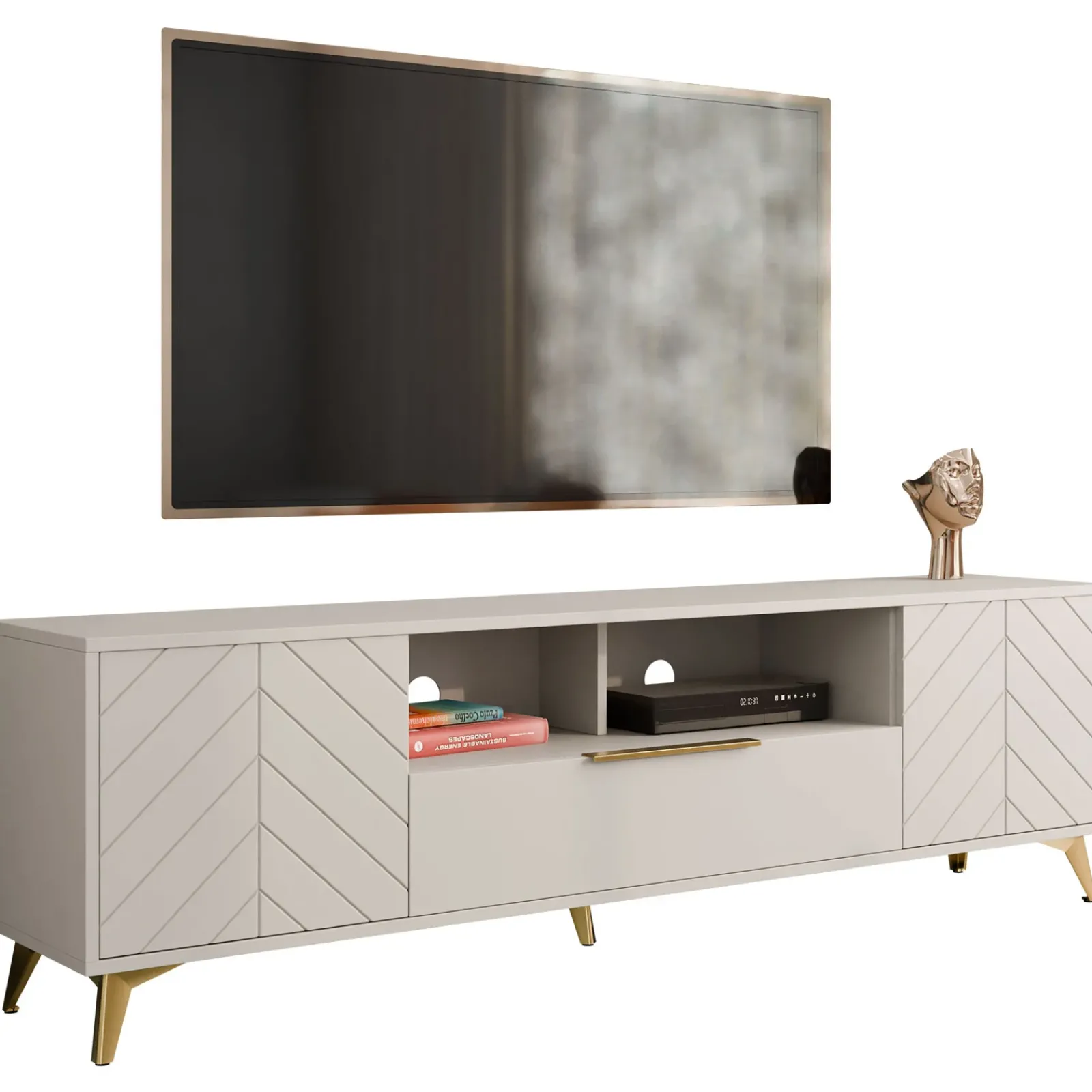 Garnero Arredamenti Mobile Tv Basso|Mobili Tv Moderni-Mobile porta TV 204x60h cm 2 ante 2 cassetti 2 vani a giorno beige con frontali serigrafati Miriam