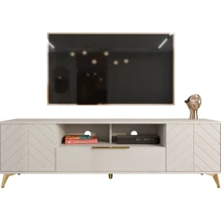 Garnero Arredamenti Mobile Tv Basso|Mobili Tv Moderni-Mobile porta TV 204x60h cm 2 ante 2 cassetti 2 vani a giorno beige con frontali serigrafati Miriam
