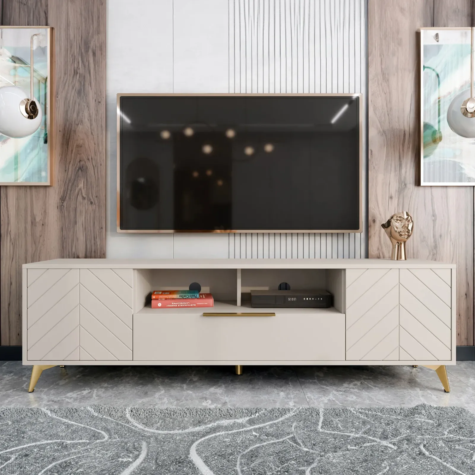 Garnero Arredamenti Mobile Tv Basso|Mobili Tv Moderni-Mobile porta TV 204x60h cm 2 ante 2 cassetti 2 vani a giorno beige con frontali serigrafati Miriam