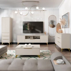 Garnero Arredamenti Mobile Tv Basso|Mobili Tv Moderni-Mobile porta TV 204x60h cm 2 ante 2 cassetti 2 vani a giorno beige con frontali serigrafati Miriam