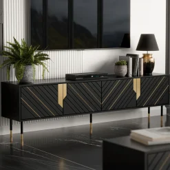Garnero Arredamenti Mobili Tv Moderni|Mobile Tv Moderno-Mobile porta tv 204x55h cm 4 ante moderno nero oro Golden